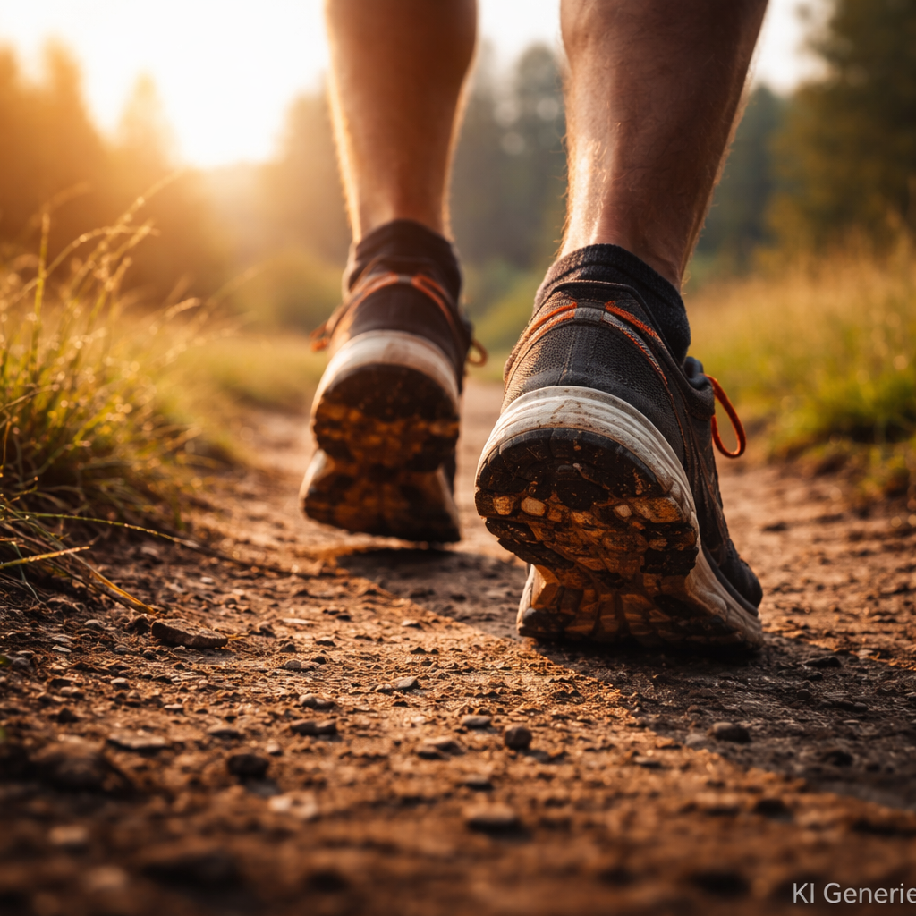 KI generierte Nahaufnahme von Laufschuhen beim Laufen in Hagenberg auf einem sonnigen Wanderweg