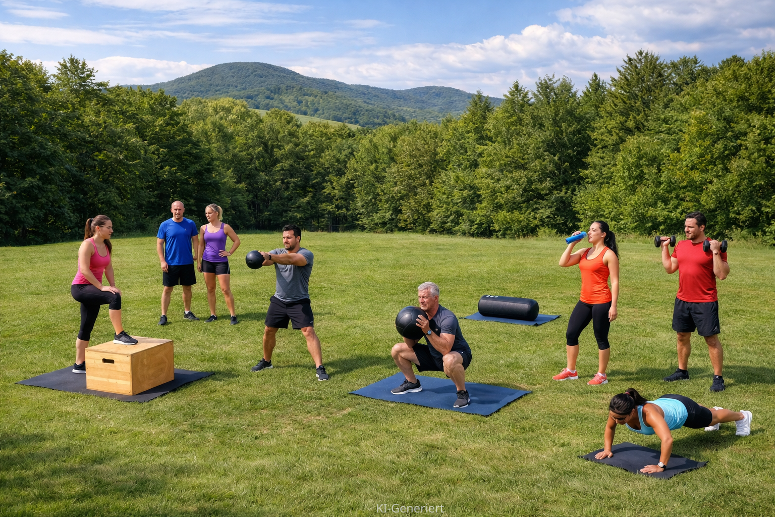 Fitness in Hagenberg - KI generiertes Header Bild, acht personen üben unterschiedliche Fitnessübunggen aus